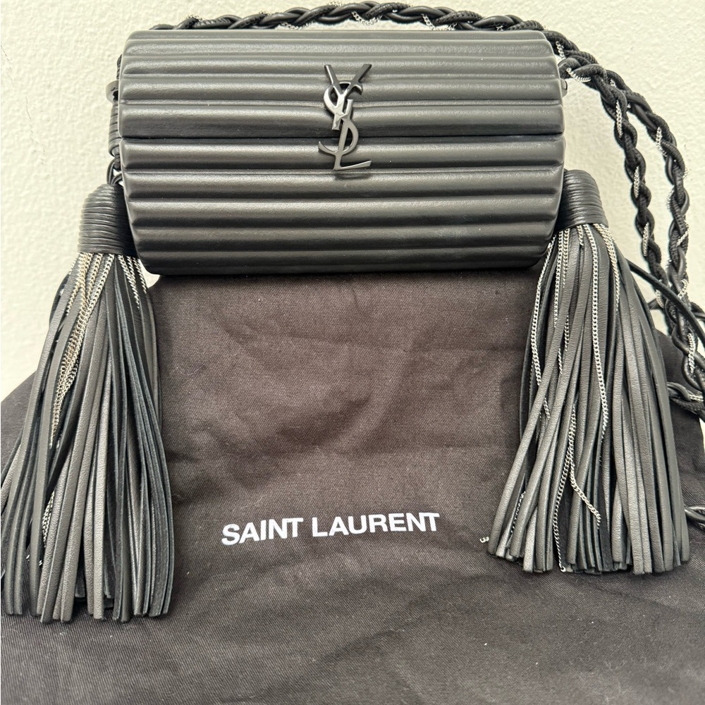 RARE SAINT LAURENT YSL Black Plexiglass Opyum Box Leather Silver Fringe Handbag - Picture 2 of 12